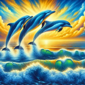 3 dolphins jumping out of the ocean on a sunny day.