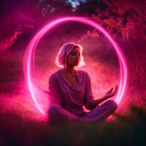 A woman is depicted sitting in the grass, with beams of pink lig...