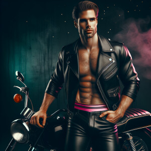 70’s Vintage adult film inspired Masculine and ruggedly handsome daddy wearing only a black leather jacket and a neon pink jockstrap. Toned physique but not overly muscular with average body hair posing with a classic style black motorcycle. Vaporwave mood and aesthetic. Hyper realistic, 8k, moody photography,