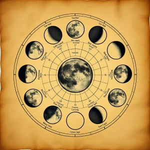 Create an image of an antique-inspired lunar cycle chart, emulat...