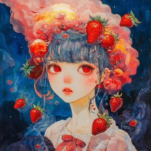 Floating (realistic anime, mullet hair, red eyes nymph, in a sci...