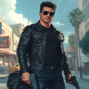 A muscular man with a five o'clock shadow, short dark hair, and...