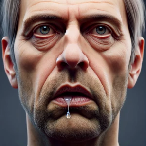 Create a hyper-realistic portrait of a man exhibiting a vacant e...