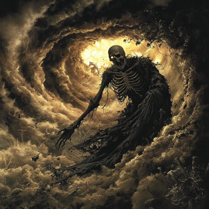 The Grim Reaper, a towering figure shrouded in darkness and myst...