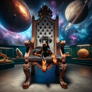 A regal queen Doberman puppy seated on a throne within a zoo exh...