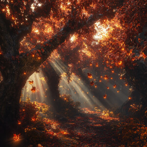 A dense forest with towering, ancient trees covered in brilliant...