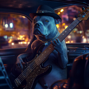 Blue pittbull dog playing bass guitar witj black spotted in a ca...
