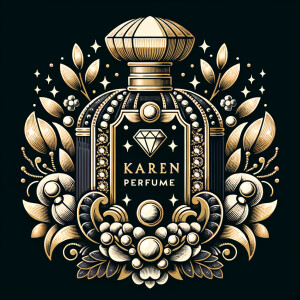 Design a fancy, black and gold bottle of perfume in the shape of a woman’s body. With a golden diamond top, flowers pearls and Diamonds in the name, Karen