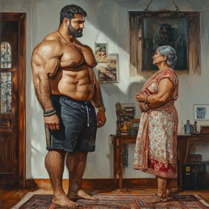 Hyperrealistic painting,a muscular sweaty beefy employ standing...