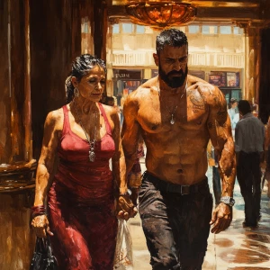 Realism art style.A sweaty  man walking with his mother in law n...