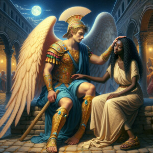 Create an oil painting image featuring a male angel and a grievi...
