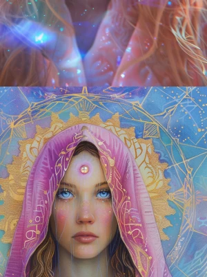 A celestial divine feminine figure with glowing blue eyes, weari...
