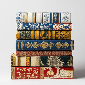 A neatly arranged stack of books with varying heights on a white...