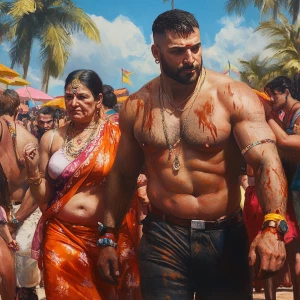 realism  style,a muscular beefy sweaty man walking  with his 54...