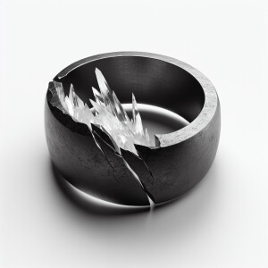 a wide, flat ring of black metal that has one jagged crack in wh...