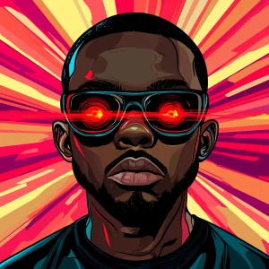 Labubu with red lasers from eyes eyes, blank stare, in the style...