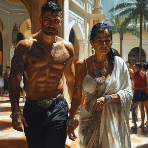 Realism style,A muscular, tattooed man glistening with sweat acc...