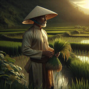 Sketch a Vietnamese farmer wearing a traditional conical hat