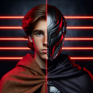 a young person whose face is split into two distinct halves. The...