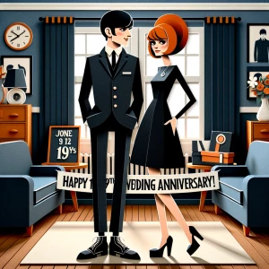 ‘Happy 19th Anniversary!’ Written
A 60s mod vibe with a tan male...