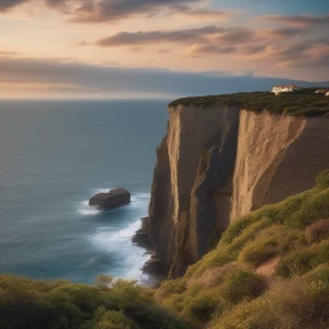 A high, sheer cliff overlooking a calm ocean, with a few birds flying in the distance.