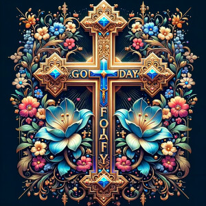 Create an image of a majestic cross, larger in size, with a harm...