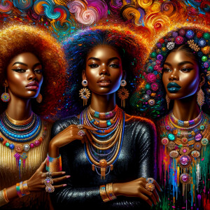 An image of three charming attractive curvy African American brown skin tone women, each one has different hairstyles fashion models together multiple necklaces rings, 4K HDR action painting colorful background