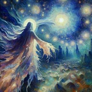 In a large acrylic painting, illustrate a mysterious figure trav...