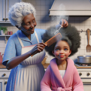 Create a realistic 3-D image of an african-American grandmother wearing a blue house dress and a white apron . She is in the kitchen with her african-American granddaughter. Her granddaughter is wearing a pink bath robe. The grandmother has a hot comb in her hand and she is straightening her granddaughters hair. One side of her granddaughters hair is in  a Afro the other straight 
There is smoke coming from the hot comb
The granddaughter is making a face