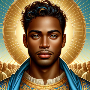 Create handsome African-American, Jesus, with Hazel Brown eyes wearing a blue and gold robe