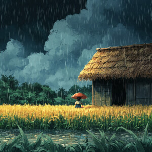 a small child in a hut in the middle of a rice field was taking...