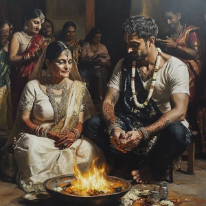 Hyperrealistic painting 1:1,A sweaty  man sitting beside his mot...