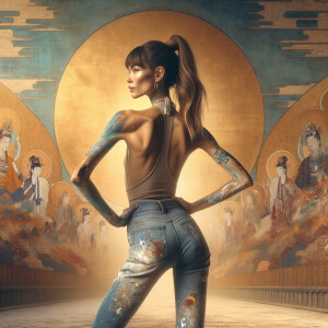 Athletic Thin skinny Attractive, Asian teenage girl, long brown hair and bangs, wearing tight skinny jeans and a halter top paint marks on her clothing, heroic pose Asian graffiti background, backside view