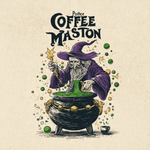 imagine/ hand-drawn wizard-like figure brewing coffee in a cauld...