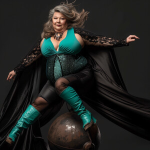 A realistic photo of a xl size woman with shoulder length brown...