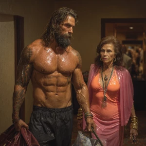 Create a hyperrealistic oil painting of a muscular, bearded, and...