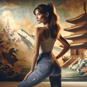 Athletic Thin skinny Attractive, Asian teenage girl, long brown hair and bangs, wearing tight skinny jeans and a halter top paint marks on her clothing, heroic pose Asian graffiti background, backside view