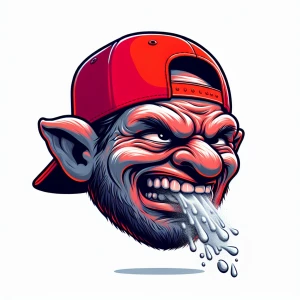 Create an image a troll wearing a red baseball cap, captured mid...
