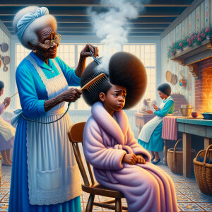 Create a realistic 3-D image of an african-American grandmother wearing a blue house dress and a white apron . She is in the kitchen with her african-American granddaughter. Her granddaughter is wearing a pink bath robe. The grandmother has a hot comb in her hand and she is straightening her granddaughters hair. One side of her granddaughters hair is in  a Afro the other straight 
There is smoke coming from the hot comb
The granddaughter is making a face