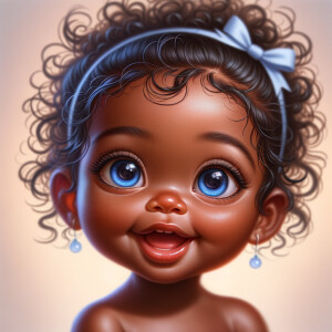 "Create a digital portrait of an adorable african-American baby girl with a joyful expression. Her big, bright blue eyes are wide with wonder, and her tiny mouth is shaped in a happy grin. Her skin has a warm, honey-brown tone, and she has an abundance of curly black hair, playfully tied up with light blue bows. The background is soft and neutral to keep the focus on her delightful features. The portrait should be vibrant and heartwarming, celebrating the innocence and charm of childhood."