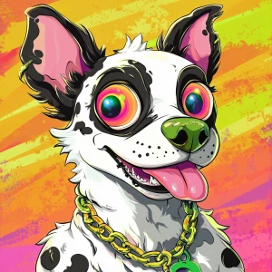 Create an image of a cartoon-style anthropomorphic dog. The dog...