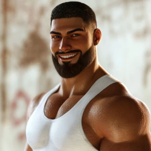 White muscular thin man with beard, big chin, smile and cheekbon...
