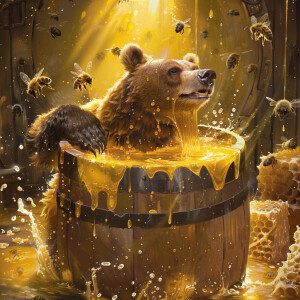 Big bear is swimming in the barrel of honey