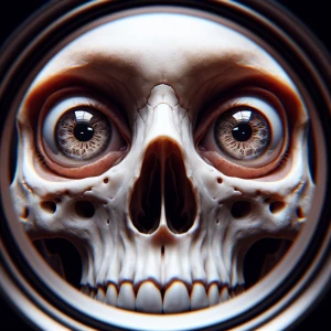 Skull looking up at the viewer with expressive eyes through a fi...