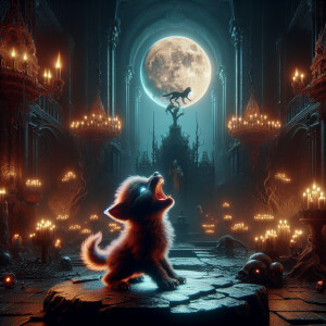 A cute baby werewolf howling at a full-moon for the first time....