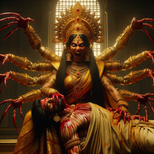 portrait of angry looking, four-armed indian goddess sitting on...