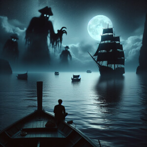 The ship sails at night. There is one person standing on it. And...