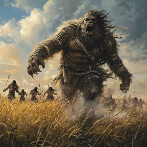 An enraged sasquatch with thick hair, depicted in humanoid form,...