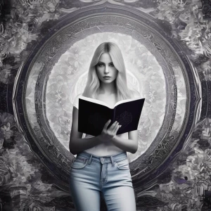 The image features a woman with long blonde hair, dressed casual...
