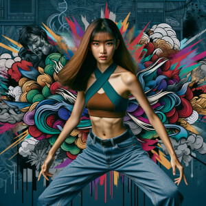 Athletic Thin skinny Attractive, Asian teenage girl, long brown hair and bangs, wearing tight skinny jeans and a halter top paint marks on her clothing, heroic pose Asian graffiti background